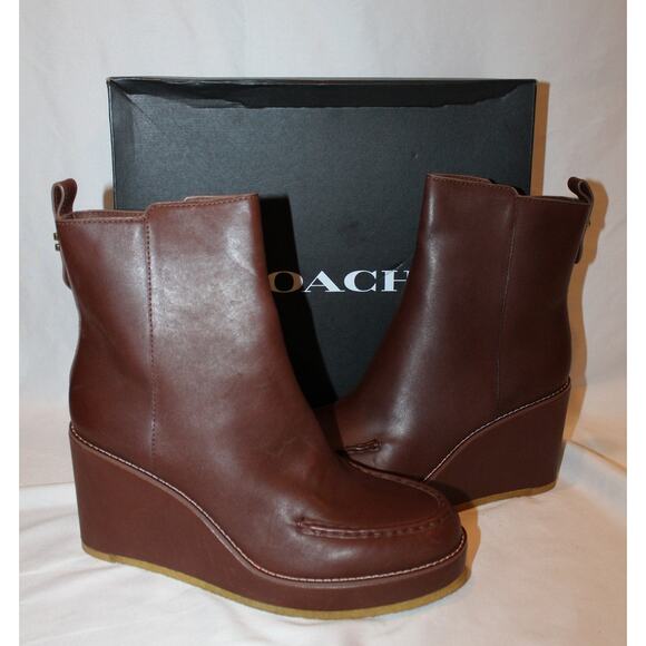NIB WOMEN'S COACH BRADY LEATHER WEDGE BOOTIE BOOTS WALNUT BROWN SZ 11 $295 - Picture 2 of 8
